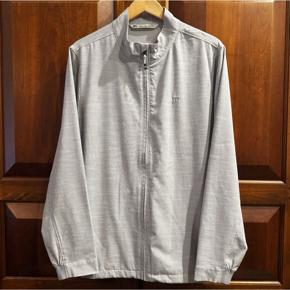 Travis Mathew Men's Light Blue Gray Golf Jacket Full Zip Micro Check Stretch L